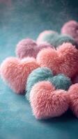 Fluffy heart-shaped decorations in soft pastel colors arranged on a textured background photo