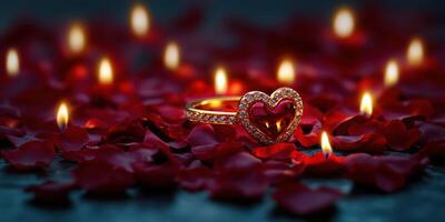 Heart-shaped ring surrounded by rose petals and candles creates a romantic atmosphere for special occasions photo