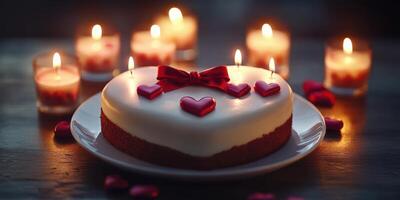 Heart-shaped cake surrounded by candles and decorative hearts for a romantic celebration photo