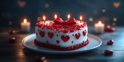 Beautifully decorated cake with red hearts, candles, and romantic ambiance for a special celebration photo
