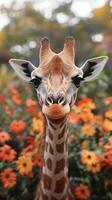Giraffe stands among vibrant flowers in a natural setting during a sunny day photo