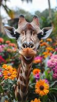 Giraffe smiling among colorful flowers in a vibrant garden during a sunny day photo