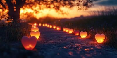 Romantic pathway illuminated by glowing heart-shaped lanterns at sunset in a serene outdoor setting photo