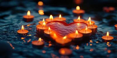 Candles surround a heart-shaped decoration in a serene setting at twilight photo