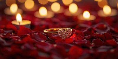 Romantic heart-shaped ring surrounded by rose petals and candles creates an intimate atmosphere for a special occasion photo