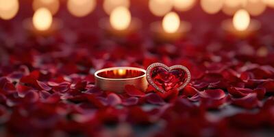 Romantic ring and heart-shaped gemstone surrounded by rose petals and candles for a special occasion photo