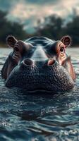 Hippo emerges from water with serene expression at dusk in a natural habitat photo