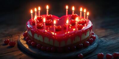 Delicious heart-shaped cake decorated with red frosting and candles during a celebration at night photo