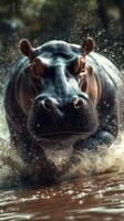 Hippo charging through water, showcasing strength and agility in its natural habitat photo