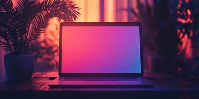 Laptop with colorful illuminated screen on a wooden table surrounded by plants in a cozy indoor setting photo