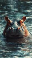 Hippo emerges from the water in tranquil river during golden hour, showcasing its majestic features and curious expression photo