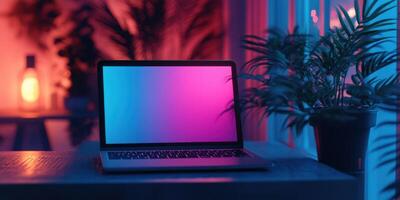 Elegant workspace at night featuring a laptop with soft colorful lighting and plants for a calming atmosphere photo
