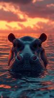 Hippopotamus emerges from tranquil waters as sunset paints the sky in warm hues photo
