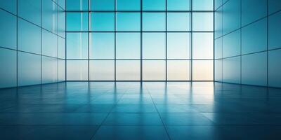 Modern empty space with large glass windows and blue tones providing a serene atmosphere during early morning hours photo