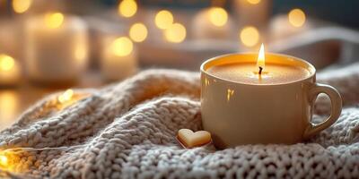 Cozy cup of warm beverage surrounded by candles and soft textiles during evening relaxation photo
