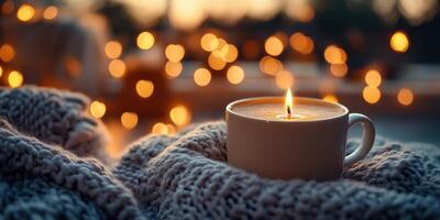 Cozy candlelit atmosphere with a warm cup resting on a knitted blanket during evening hours photo