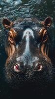 Close encounter with a hippopotamus underwater in a serene river environment during late afternoon light photo