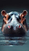 Hippo emerging from water with a calm expression in a natural habitat during the day near a river photo