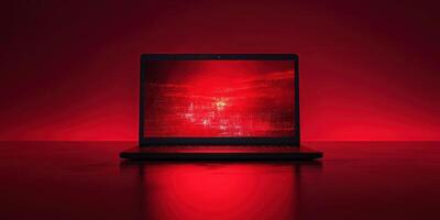 Computer screen glowing red in a dark environment creates an intense and dramatic atmosphere for tech enthusiasts photo