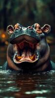 Hippo opens mouth wide while submerged in calm waters during twilight in a natural habitat photo