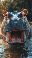 Hippo emerges from the water during golden hour in a serene river landscape photo
