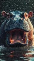 Hippo with open mouth splashes water in a serene river during twilight hours photo