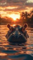 Hippopotamus surfacing in tranquil water at sunset in a wildlife sanctuary photo
