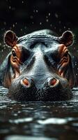 Hippo emerging from water with droplets around its head in a lush habitat during sunny weather photo
