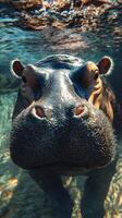 Hippo swimming underwater in clear water, showcasing its massive face and unique features in natural habitat photo