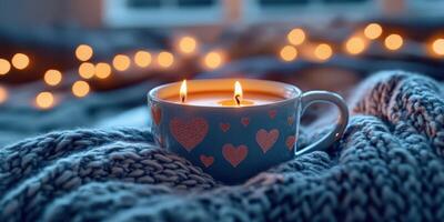Cozy evening with a heart-patterned cup of hot beverage and glowing candles surrounded by soft textiles photo