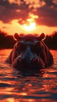 Hippo emerging from water during sunset in a serene natural habitat photo