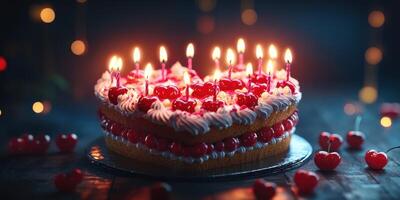 Heart-shaped cake adorned with cherries and candles celebrates a special occasion in a dimly lit setting photo
