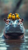 Three colorful birds perched on the head of a hippo resting in calm waters during a bright day in a natural habitat photo