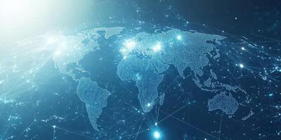 Global network visualization with illuminated connections and data points in a digital world map photo