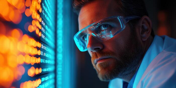 Deep focus on data analysis in a modern laboratory with vibrant technology at night photo