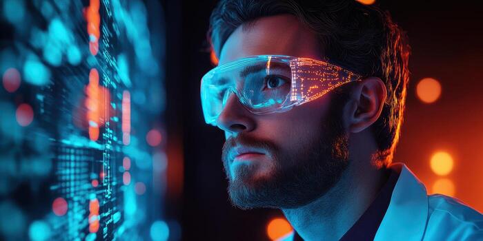 científico analizando datos en un futurista pantalla mientras vistiendo aumentado realidad lentes en un alta tecnología laboratorio foto
