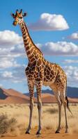 Giraffe standing tall in the desert against a backdrop of blue sky and distant dunes photo