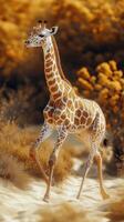 Giraffe gracefully walking through golden landscape during warm afternoon light in a serene natural habitat photo