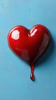 Red heart shaped object dripping on a blue textured background creating a striking visual contrast photo
