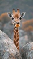 Giraffe peering through rocks in a serene landscape at sunset photo