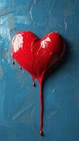 Heart-shaped art in vivid red paint on textured blue background creates a vibrant visual contrast photo
