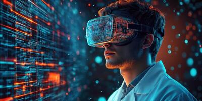 Innovative scientist explores virtual reality technology in a digital environment photo