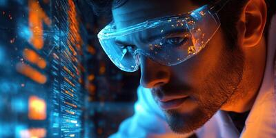 Scientist analyzing data with futuristic technology in a laboratory at night photo
