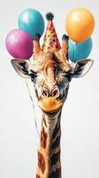 Giraffe celebrates birthday with colorful balloons and party hat in a cheerful atmosphere photo