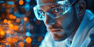 Scientist focused on data analysis with glowing visuals in a bright laboratory setting photo