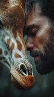 Close encounter between a man and a giraffe highlighting the bond between humans and wildlife in a serene natural setting photo