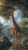 Majestic giraffe stands gracefully near a serene water body surrounded by lush greenery in the early evening light photo