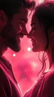 Couple sharing a tender moment in a colorful atmosphere during a romantic evening photo
