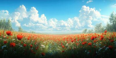 Beautiful poppy field under a bright blue sky with fluffy clouds and green trees in the distance photo