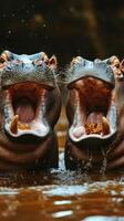 Hippos engaging in playful behavior in a freshwater habitat during the daytime photo